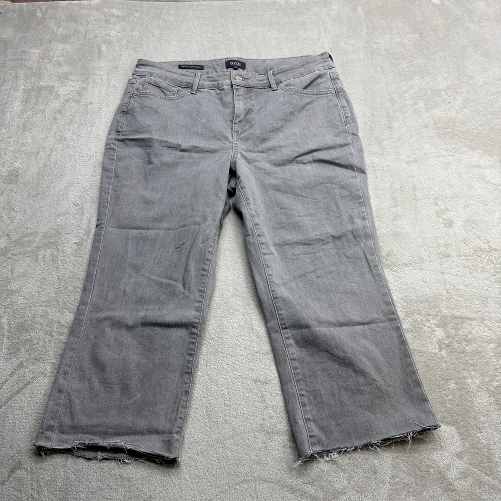 NYDJ Marilyn Straight Jeans Womens 14 Petite Grey Raw Hem Coolmax Stretch Denim